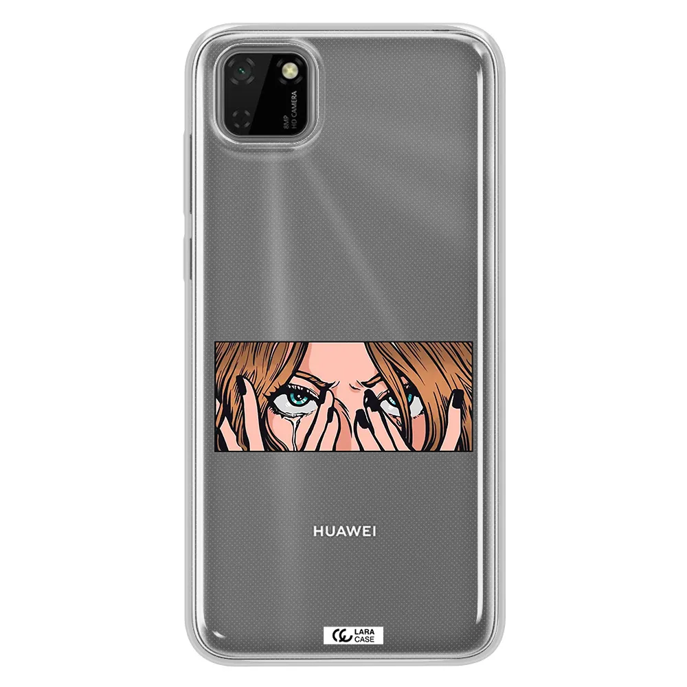 a cartoon of a woman holding her eyes Huawei Y5P Clear TPU Case