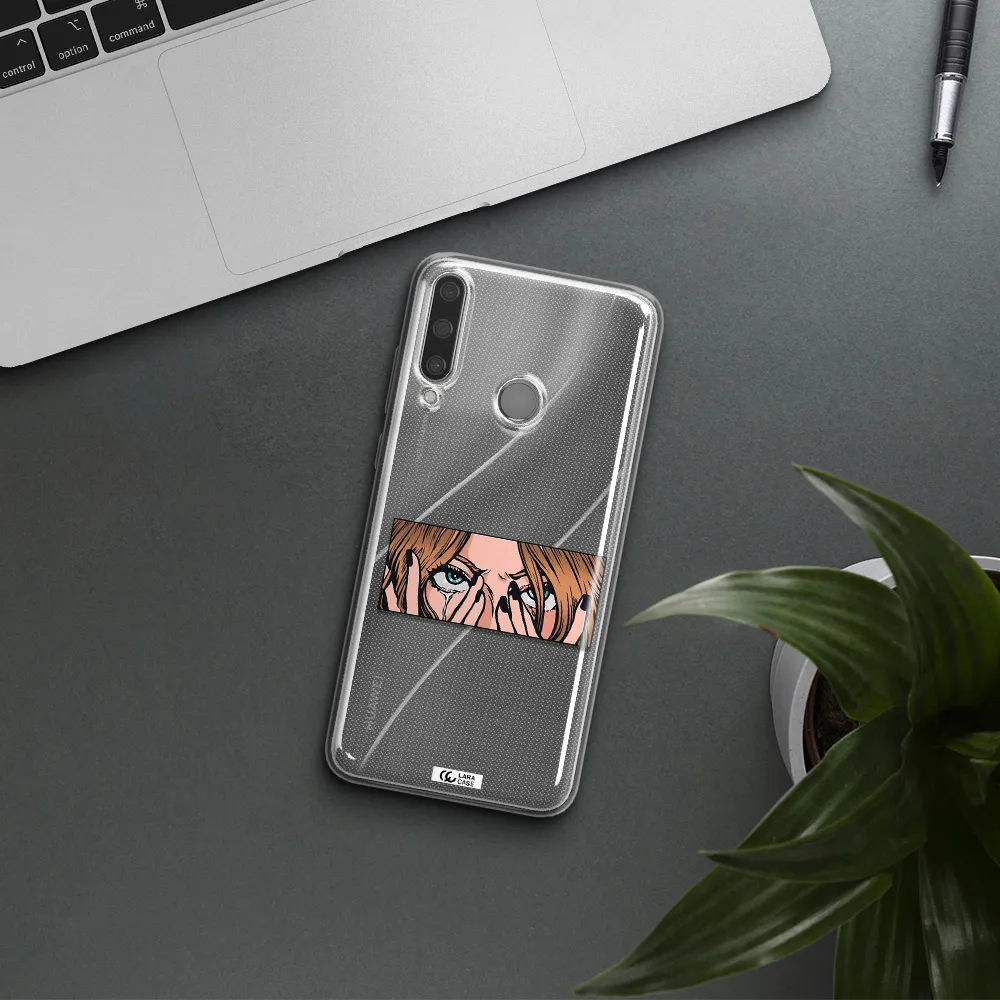 a cartoon of a woman holding her eyes Huawei Y6P Clear TPU Case