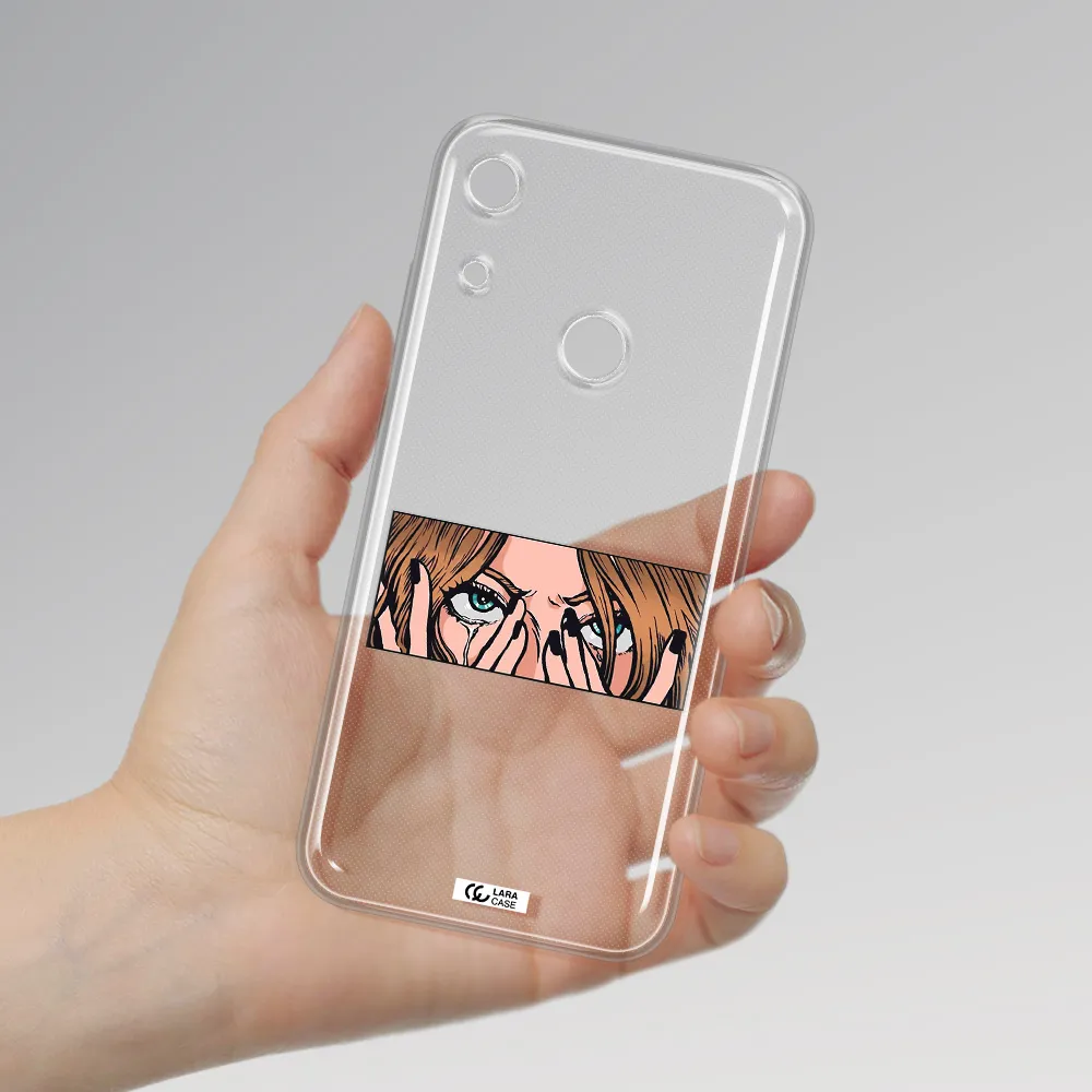 a cartoon of a woman holding her eyes Huawei Y6S Clear TPU Case