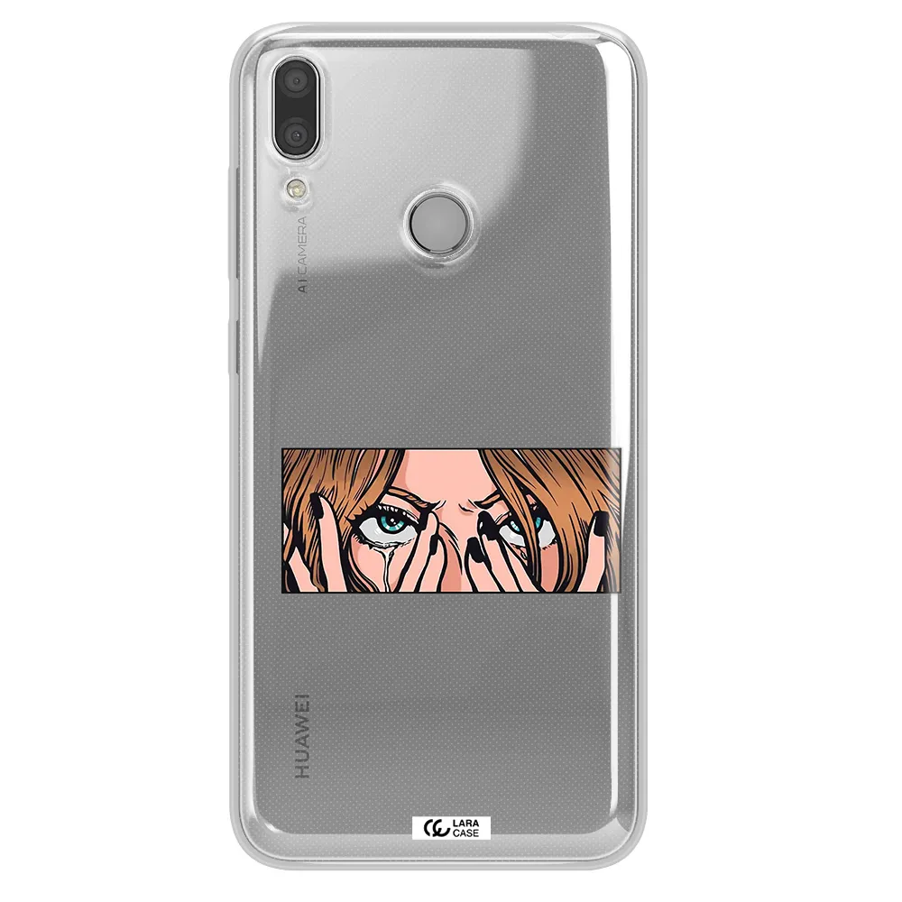 a cartoon of a woman holding her eyes Huawei Y7 2019 Clear TPU Case