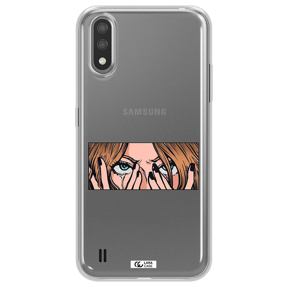 a cartoon of a woman holding her eyes Samsung A01 Clear TPU Case