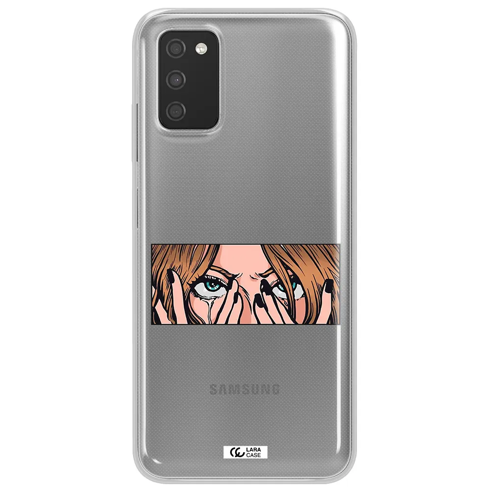 a cartoon of a woman holding her eyes Samsung A03S Clear TPU Case