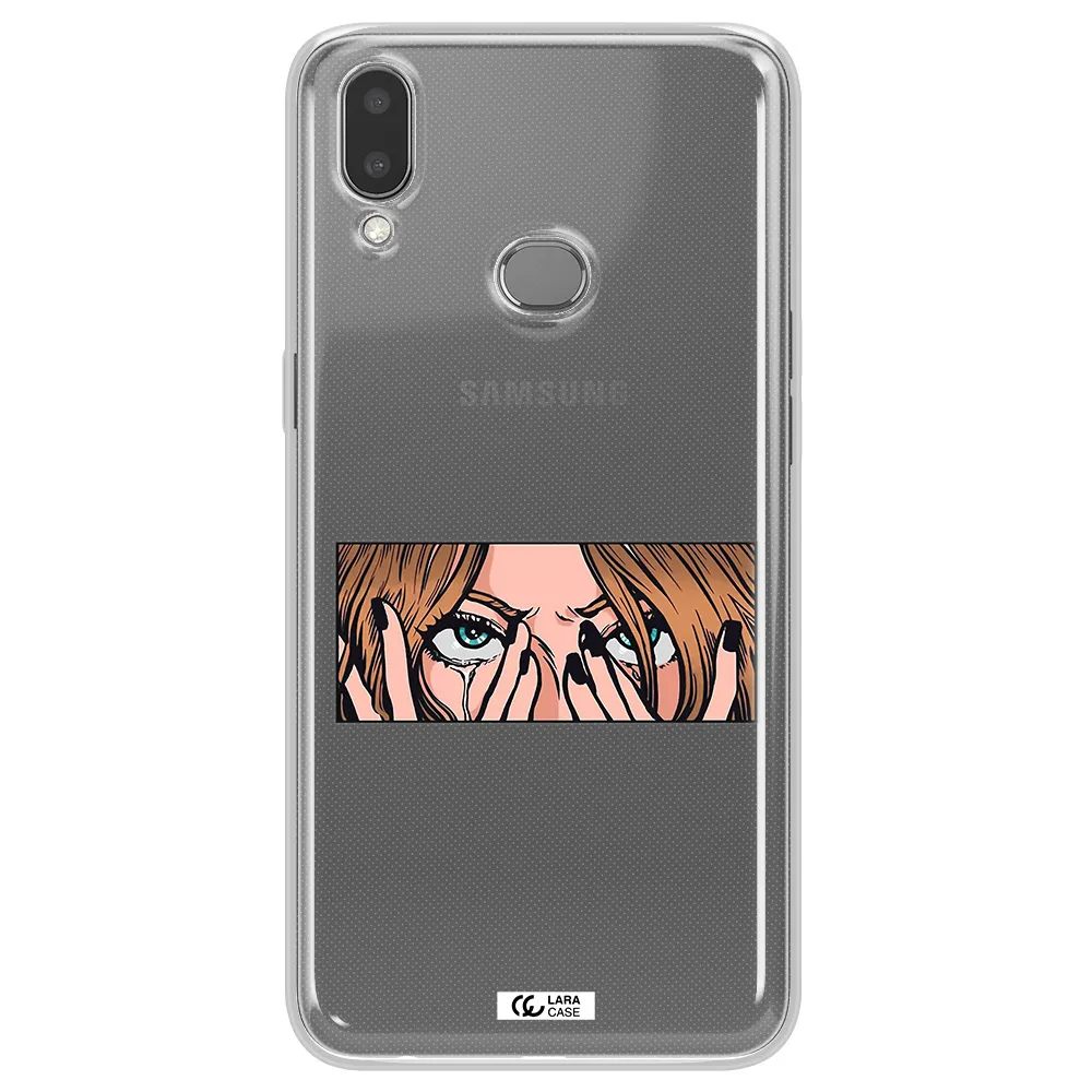 a cartoon of a woman holding her eyes Samsung A10S Clear TPU Case