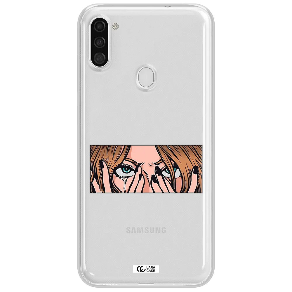 a cartoon of a woman holding her eyes Samsung A11 Clear TPU Case