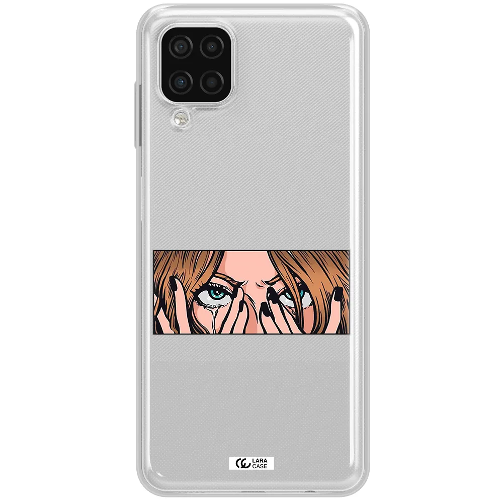 a cartoon of a woman holding her eyes Samsung A12 4g Clear TPU Case