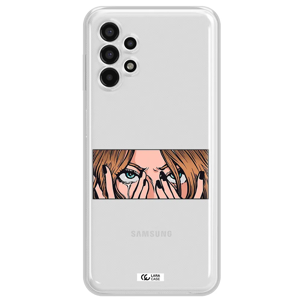 a cartoon of a woman holding her eyes Samsung A13 4g Clear TPU Case