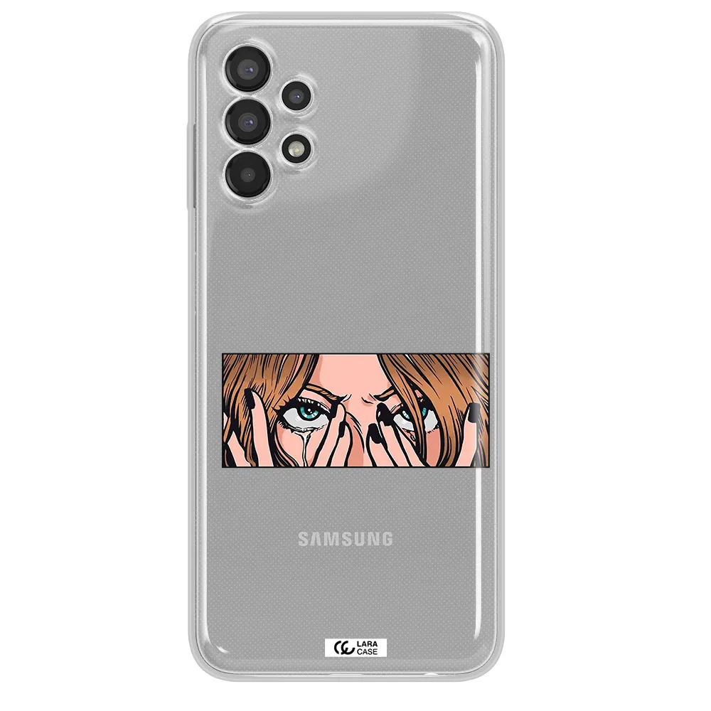 a cartoon of a woman holding her eyes Samsung A13 Clear TPU Case