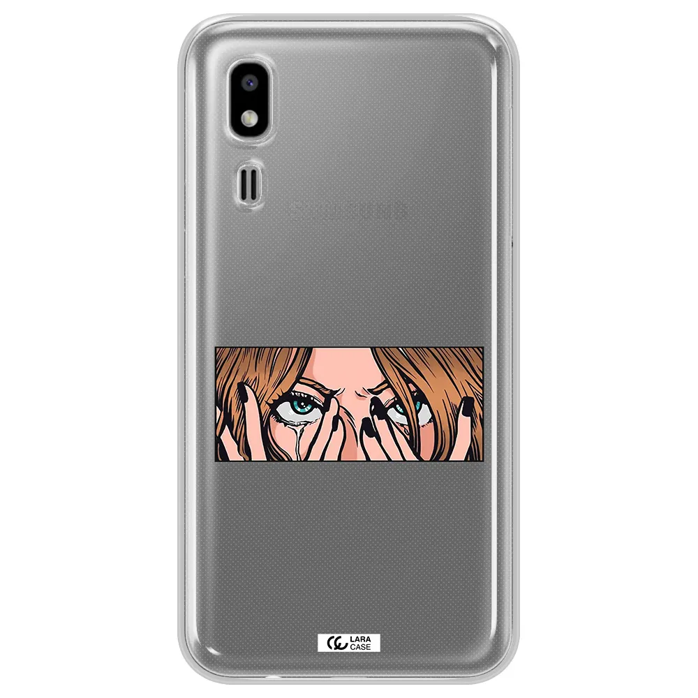a cartoon of a woman holding her eyes Samsung A2 Core Clear TPU Case