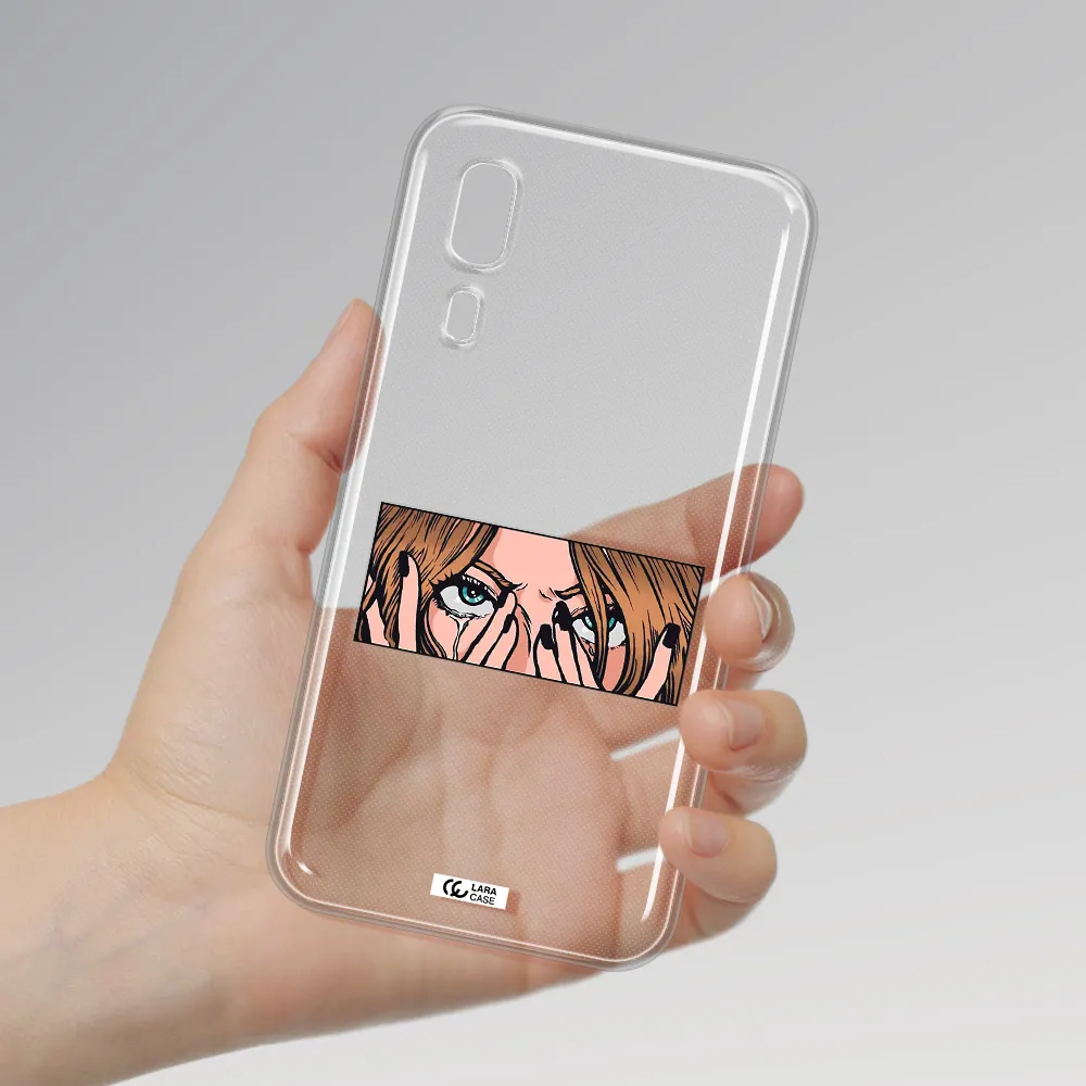 a cartoon of a woman holding her eyes Samsung A2 Core Clear TPU Case