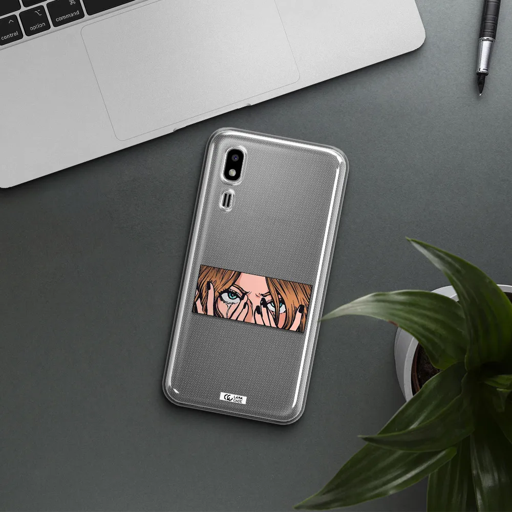 a cartoon of a woman holding her eyes Samsung A2 Core Clear TPU Case