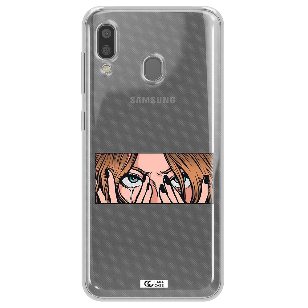 a cartoon of a woman holding her eyes Samsung A20 Clear TPU Case