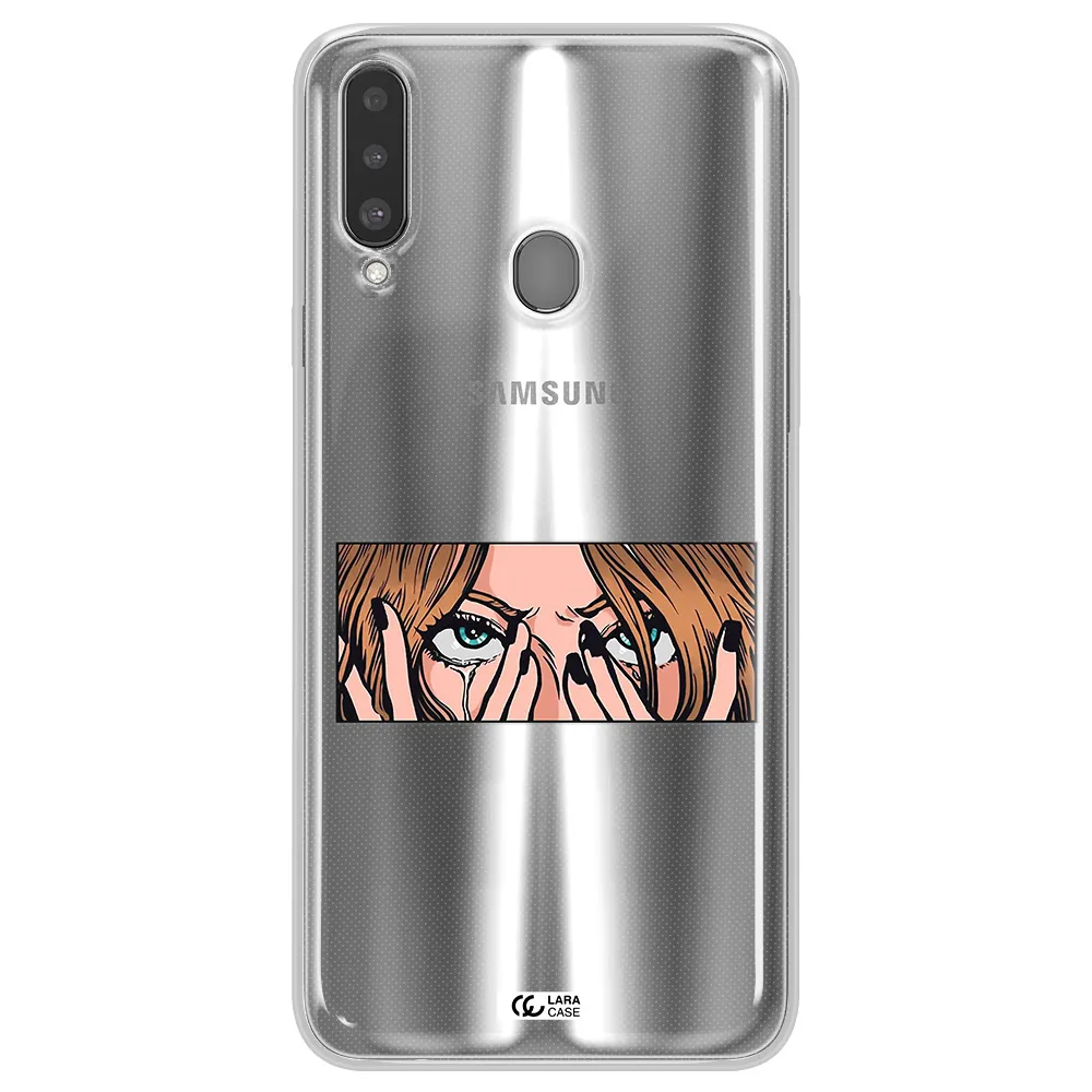 a cartoon of a woman holding her eyes Samsung A20S Clear TPU Case