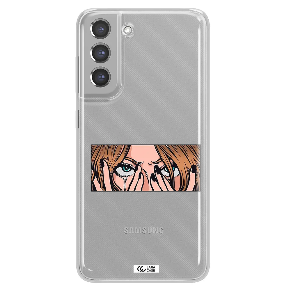 a cartoon of a woman holding her eyes Samsung A21 Fe Clear TPU Case