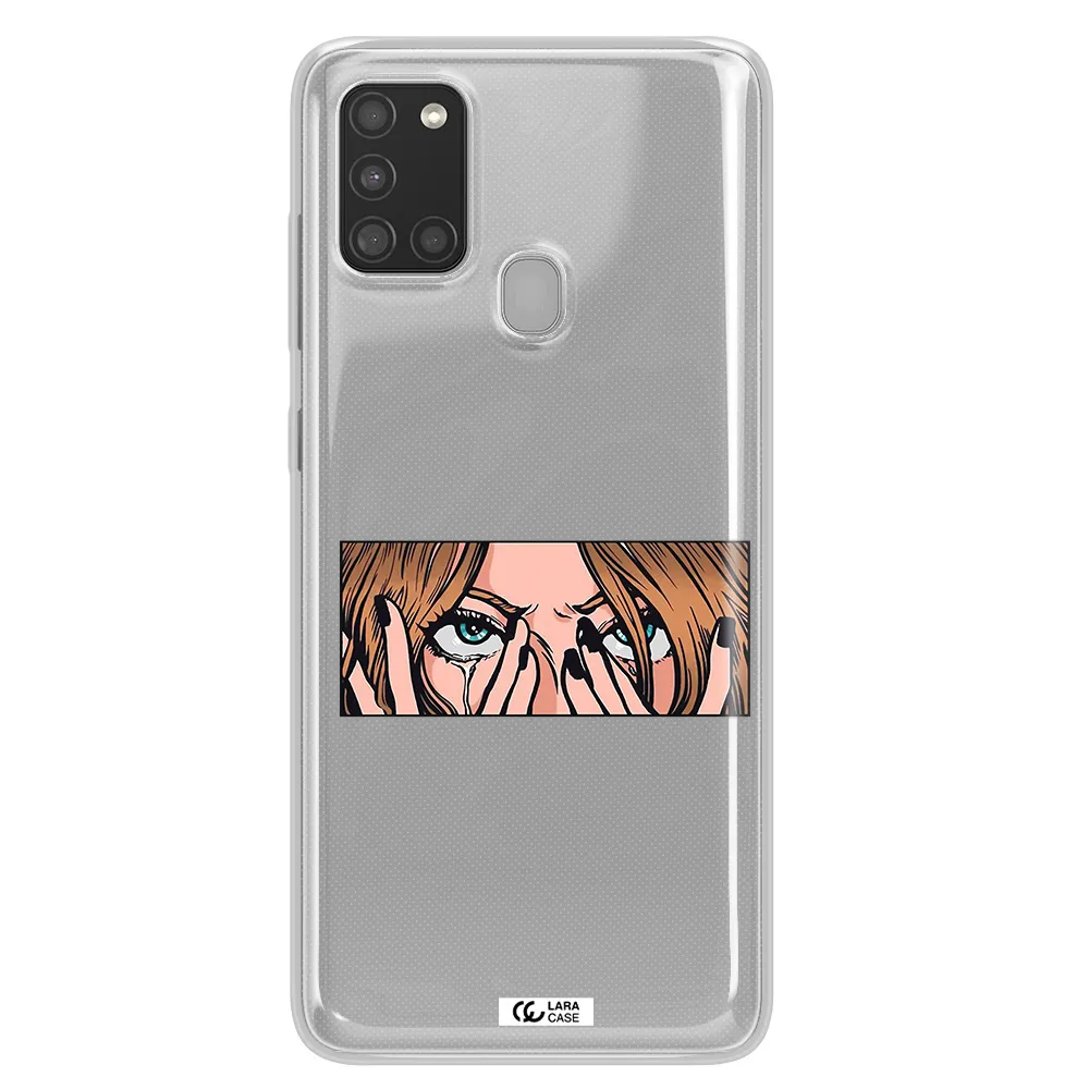 a cartoon of a woman holding her eyes Samsung A21S Clear TPU Case