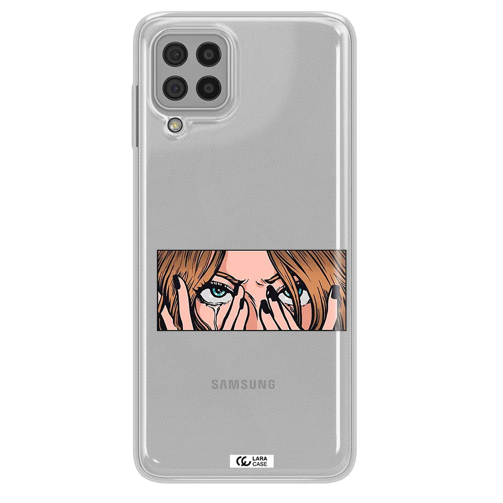 a cartoon of a woman holding her eyes Samsung A22 4g Clear TPU Case