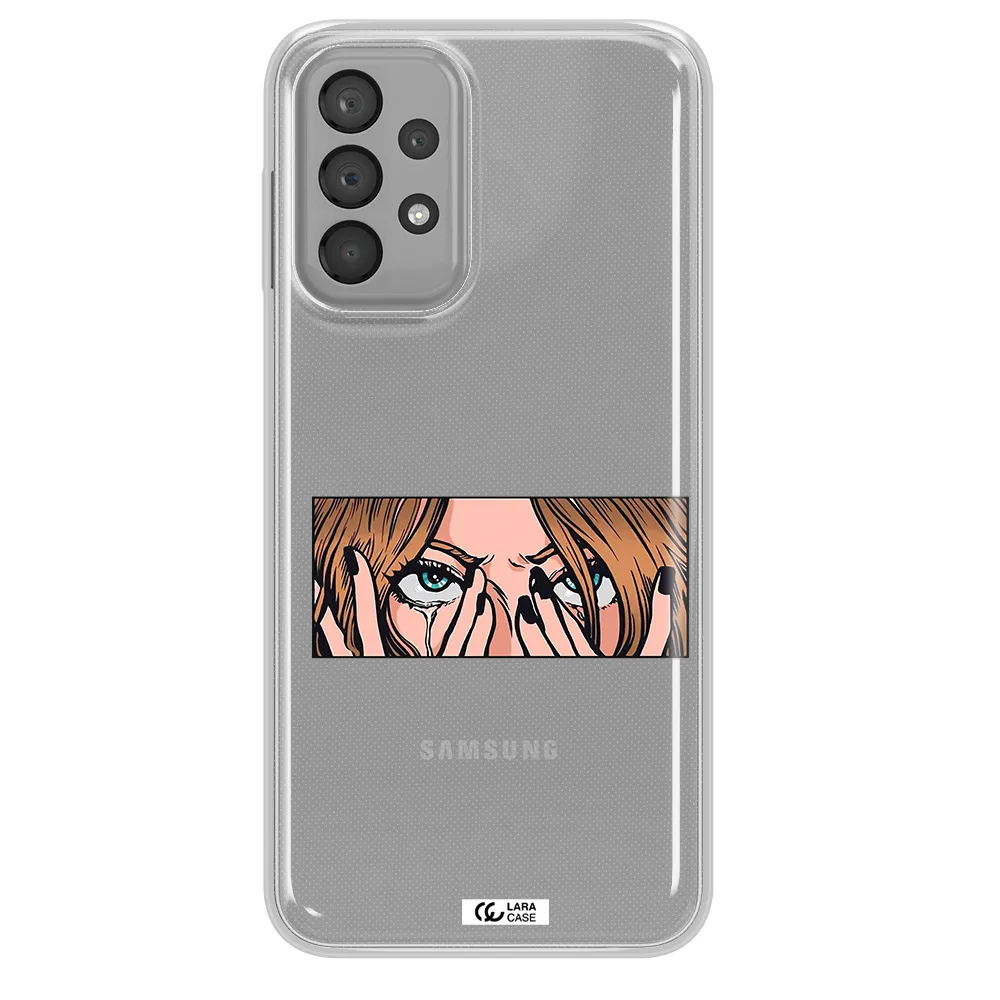 a cartoon of a woman holding her eyes Samsung A23 Clear TPU Case