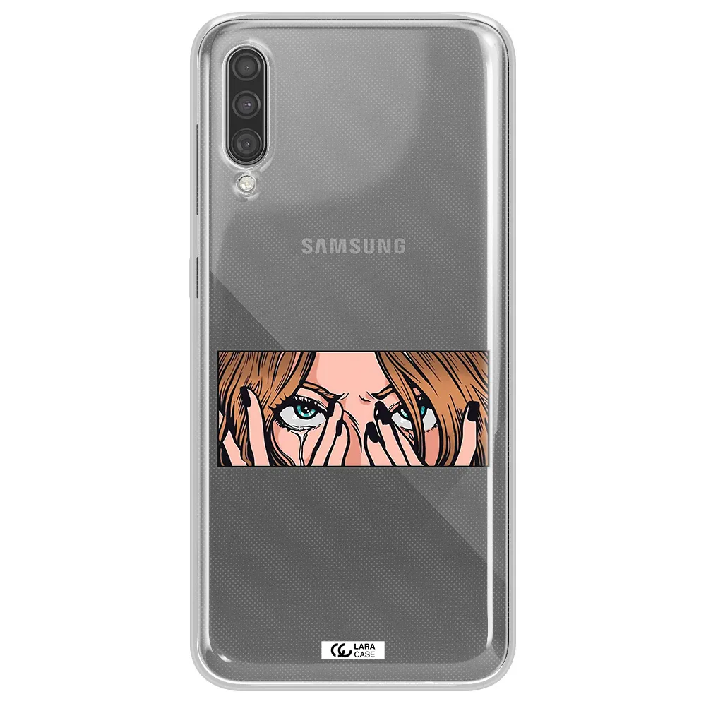 a cartoon of a woman holding her eyes Samsung A30S Clear TPU Case