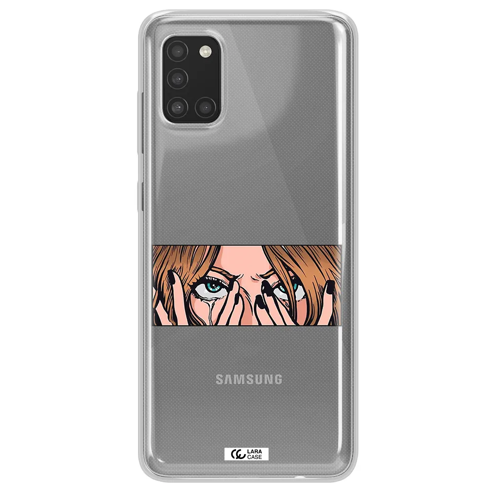a cartoon of a woman holding her eyes Samsung A31 Clear TPU Case