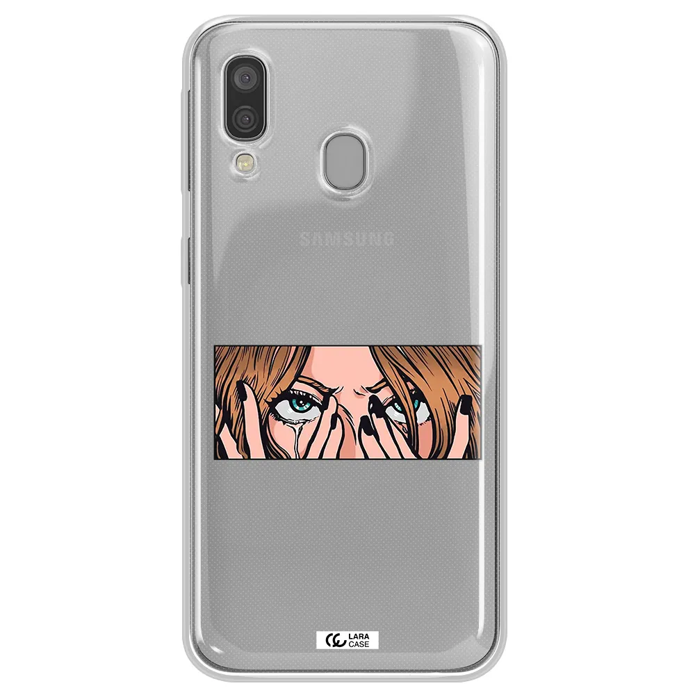 a cartoon of a woman holding her eyes Samsung A40 Clear TPU Case