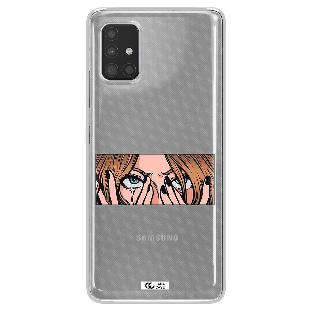 a cartoon of a woman holding her eyes Samsung A51 Clear TPU Case