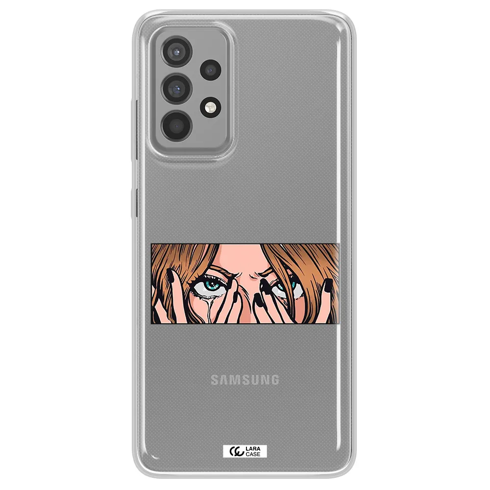 a cartoon of a woman holding her eyes Samsung A52 Clear TPU Case