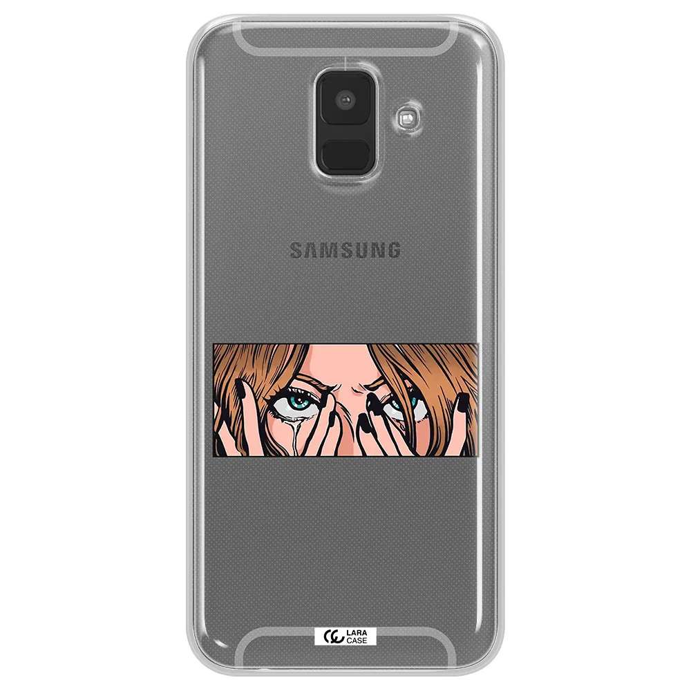 a cartoon of a woman holding her eyes Samsung A6 Clear TPU Case