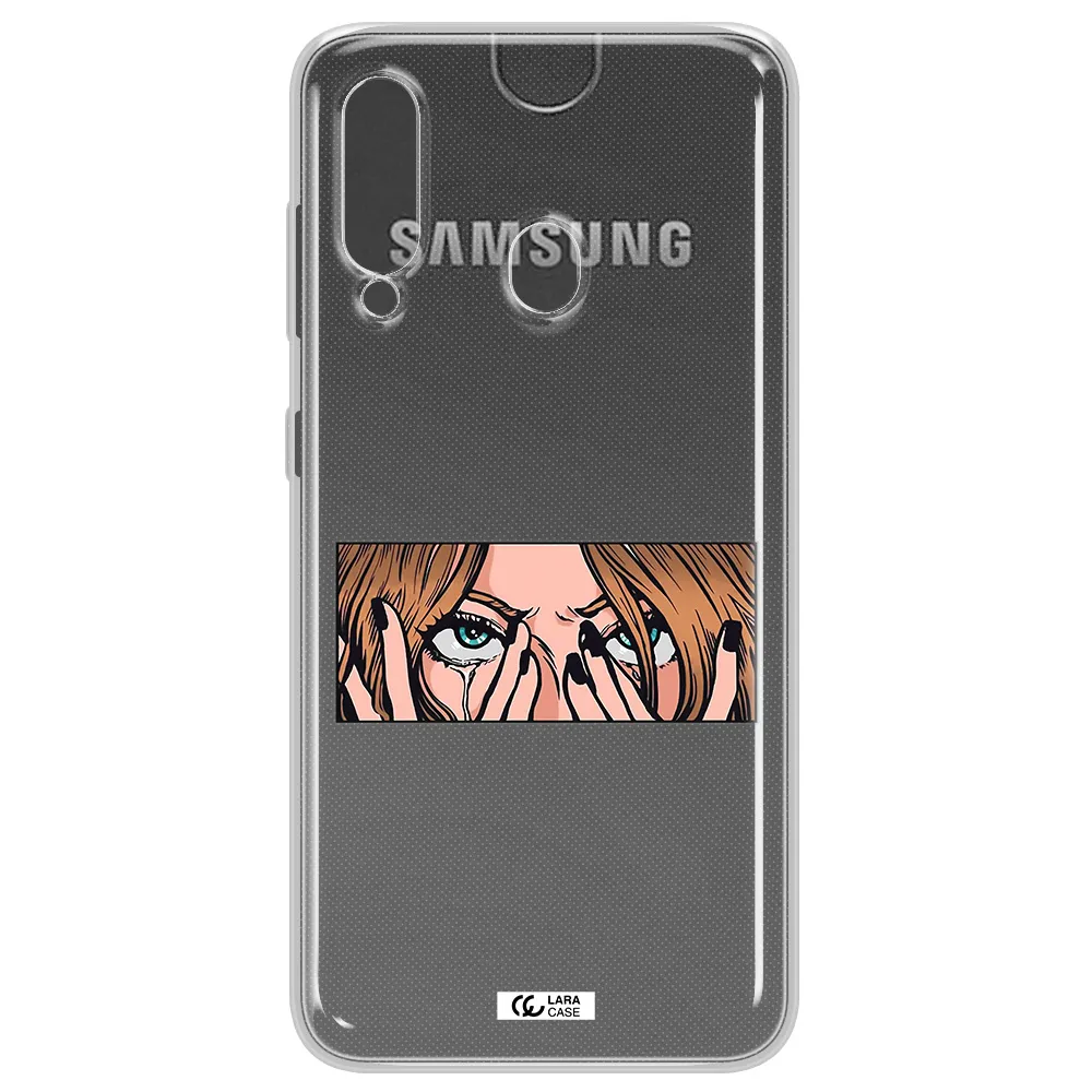 a cartoon of a woman holding her eyes Samsung A60 Clear TPU Case