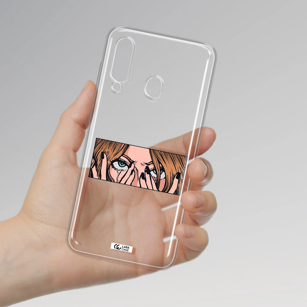 a cartoon of a woman holding her eyes Samsung A60 Clear TPU Case