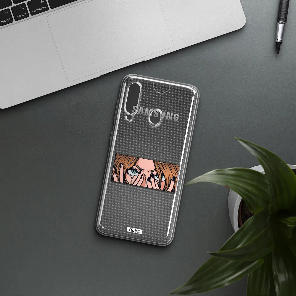 a cartoon of a woman holding her eyes Samsung A60 Clear TPU Case