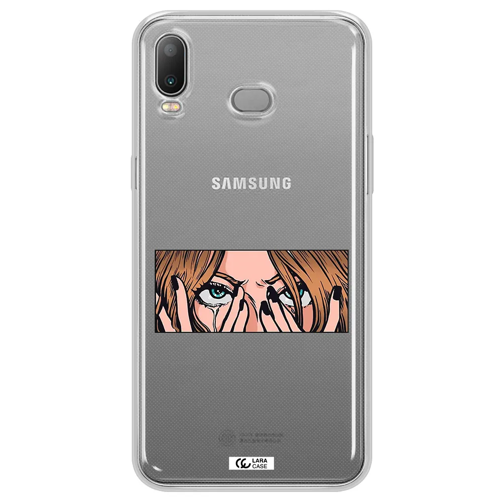 a cartoon of a woman holding her eyes Samsung A6S Clear TPU Case