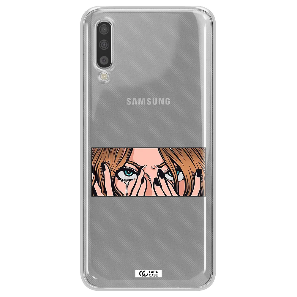 a cartoon of a woman holding her eyes Samsung A70 Clear TPU Case