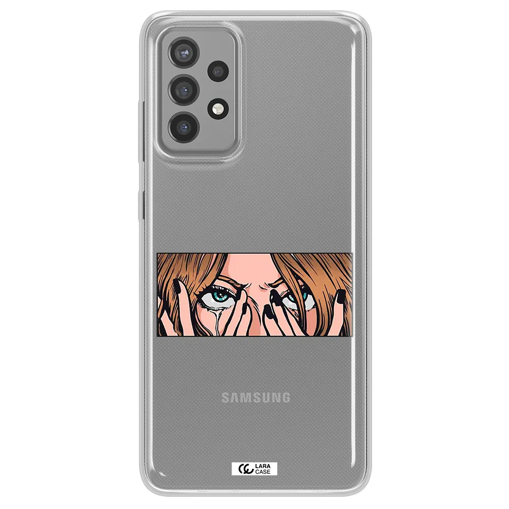 a cartoon of a woman holding her eyes Samsung A72 Clear TPU Case