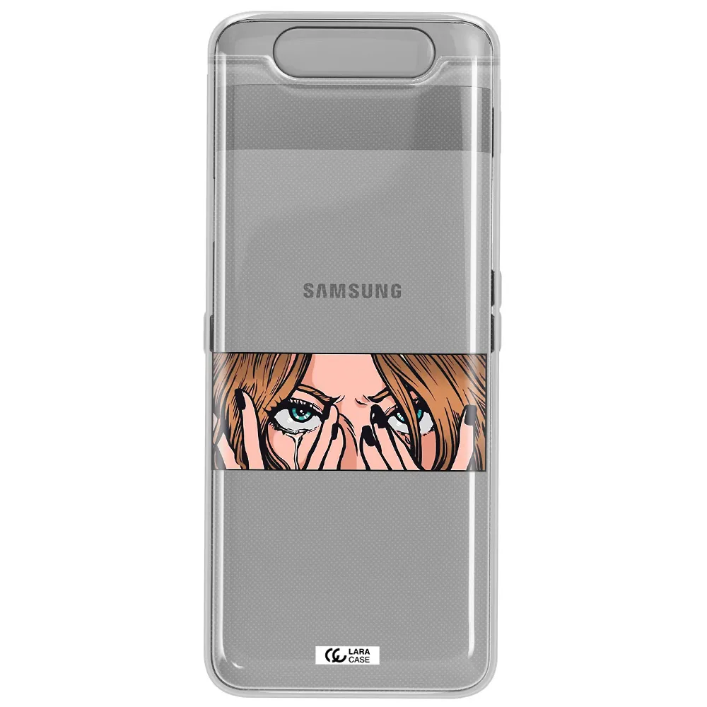 a cartoon of a woman holding her eyes Samsung A80 Clear TPU Case