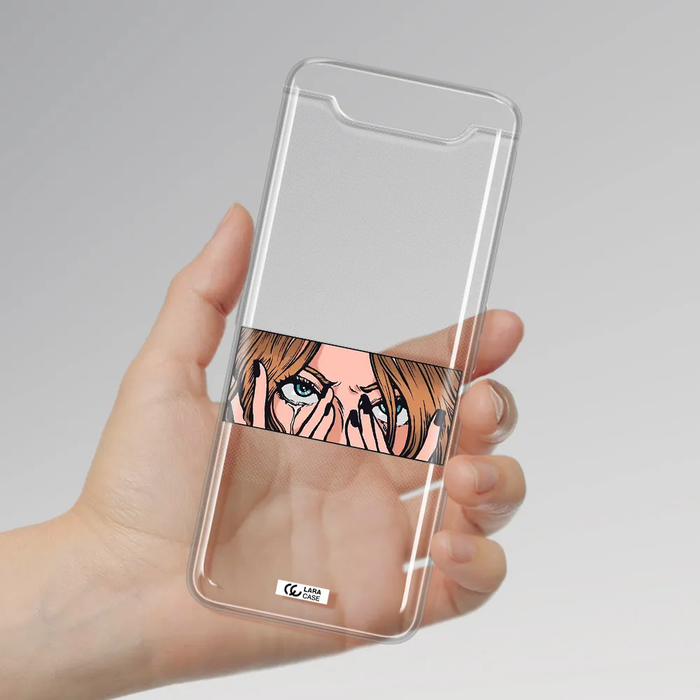 a cartoon of a woman holding her eyes Samsung A80 Clear TPU Case
