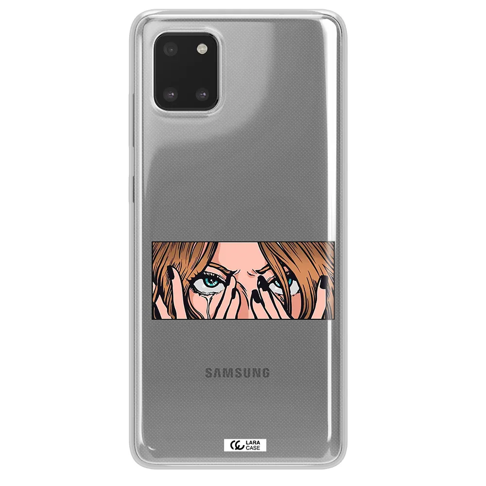 a cartoon of a woman holding her eyes Samsung A81 Clear TPU Case