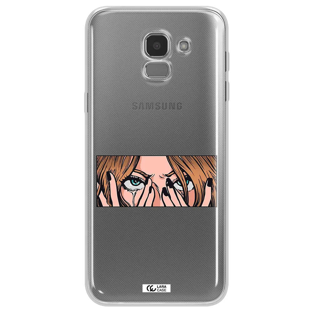 a cartoon of a woman holding her eyes Samsung J6 Clear TPU Case