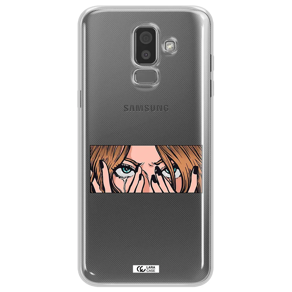 a cartoon of a woman holding her eyes Samsung J8 Clear TPU Case