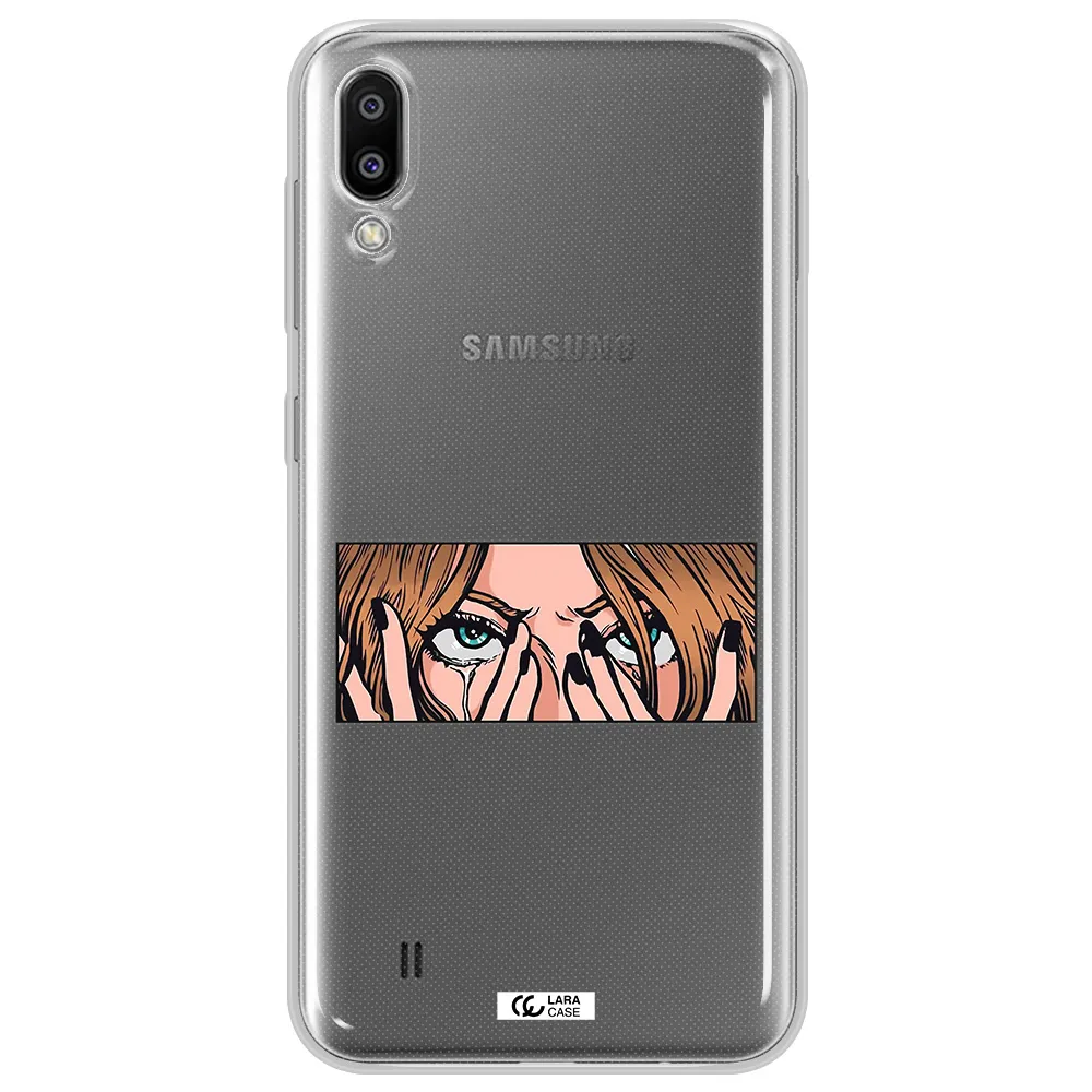 a cartoon of a woman holding her eyes Samsung M10 Clear TPU Case