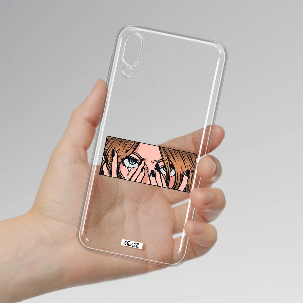 a cartoon of a woman holding her eyes Samsung M10 Clear TPU Case