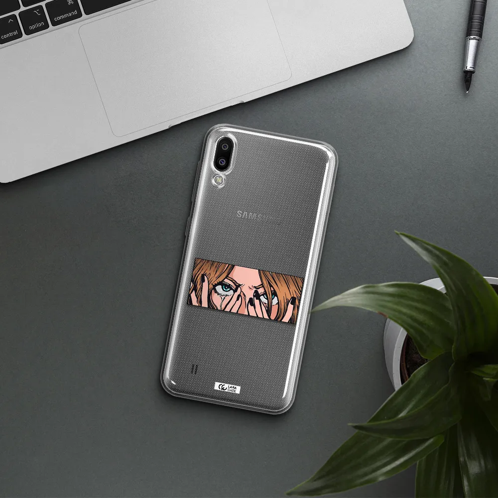 a cartoon of a woman holding her eyes Samsung M10 Clear TPU Case