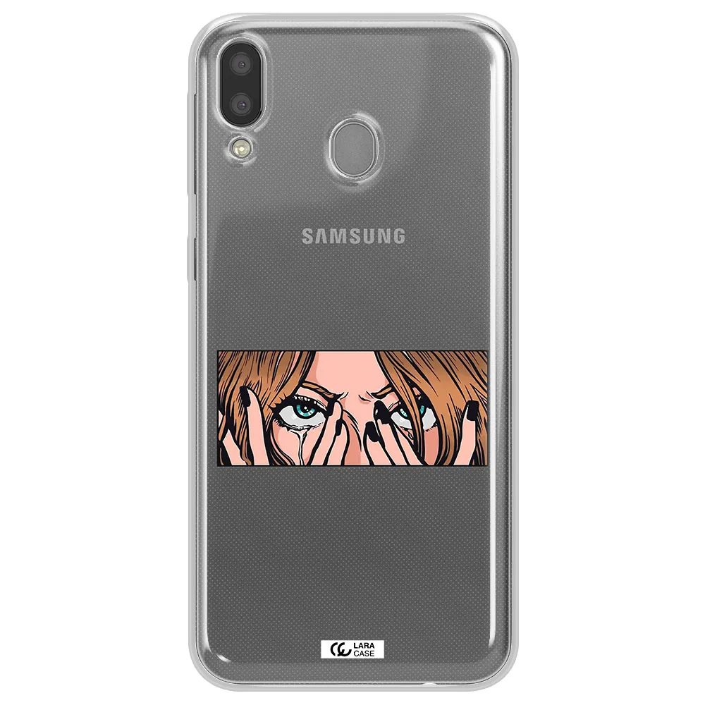 a cartoon of a woman holding her eyes Samsung M20 Clear TPU Case