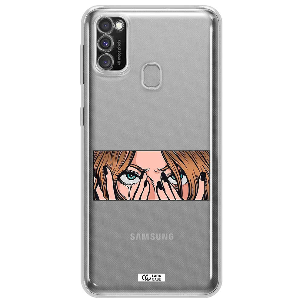 a cartoon of a woman holding her eyes Samsung M30S Clear TPU Case