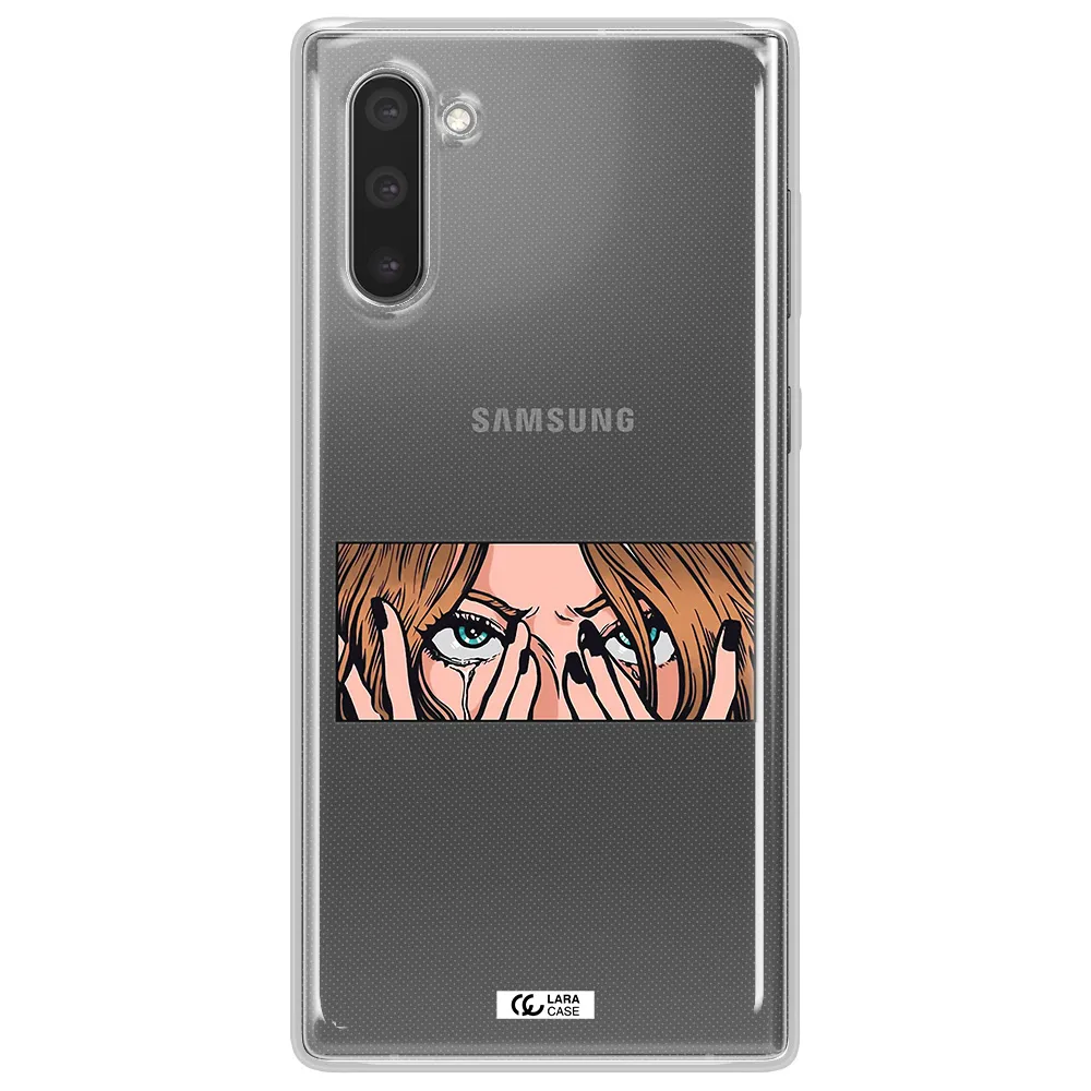 a cartoon of a woman holding her eyes Samsung Note 10 Clear TPU Case