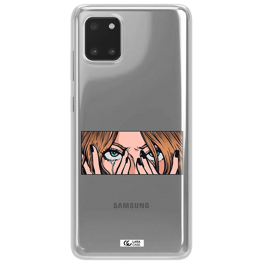 a cartoon of a woman holding her eyes Samsung Note 10 Lite Clear TPU Case