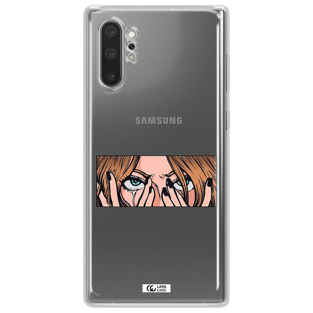 a cartoon of a woman holding her eyes Samsung Note 10 Plus Clear TPU Case