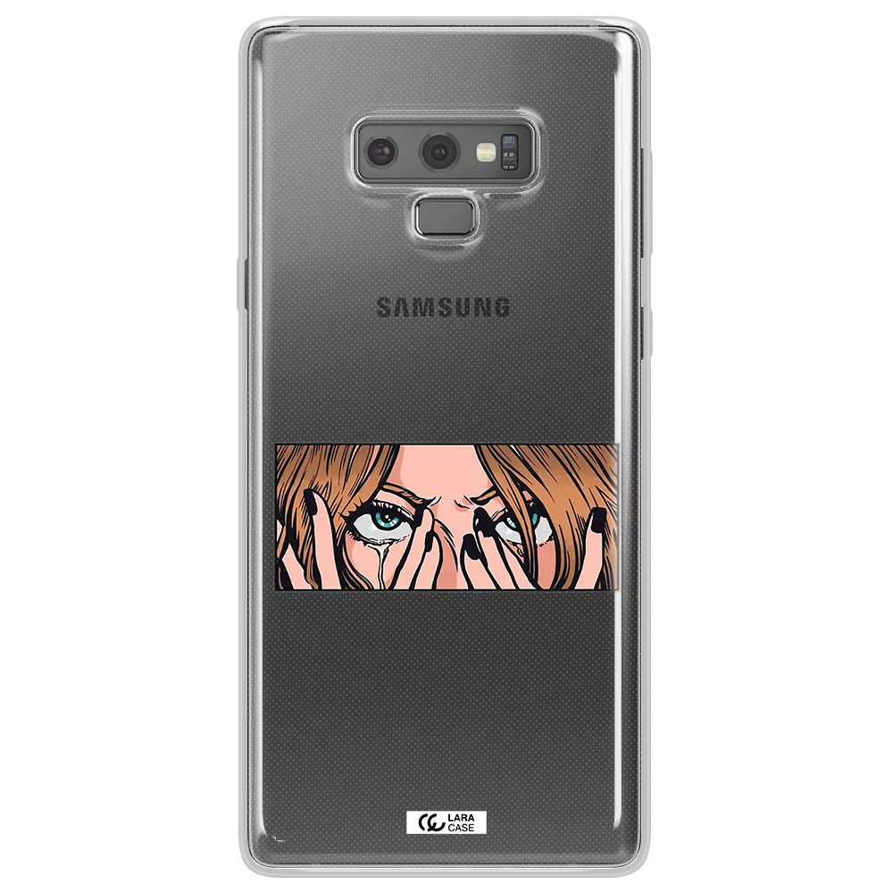 a cartoon of a woman holding her eyes Samsung Note 9 Clear TPU Case