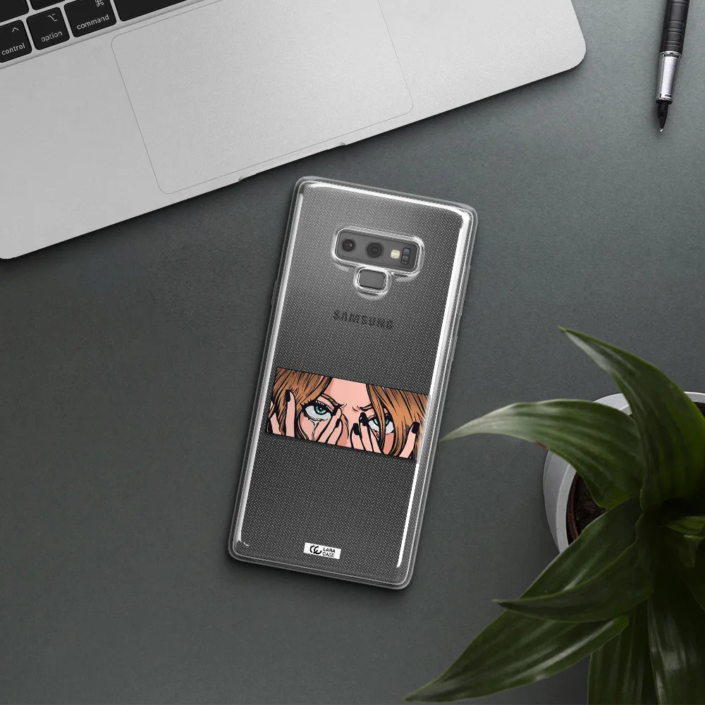 a cartoon of a woman holding her eyes Samsung Note 9 Clear TPU Case