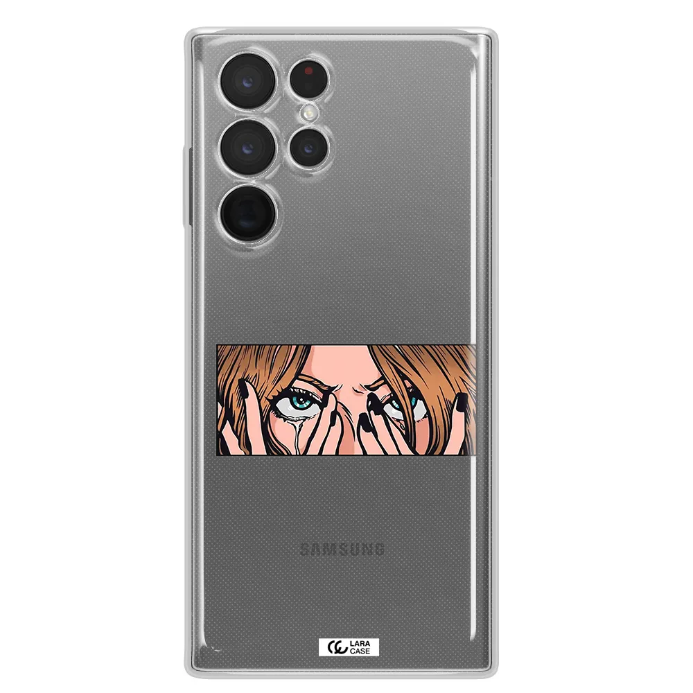 a cartoon of a woman holding her eyes Samsung S 22 Ultra Clear TPU Case