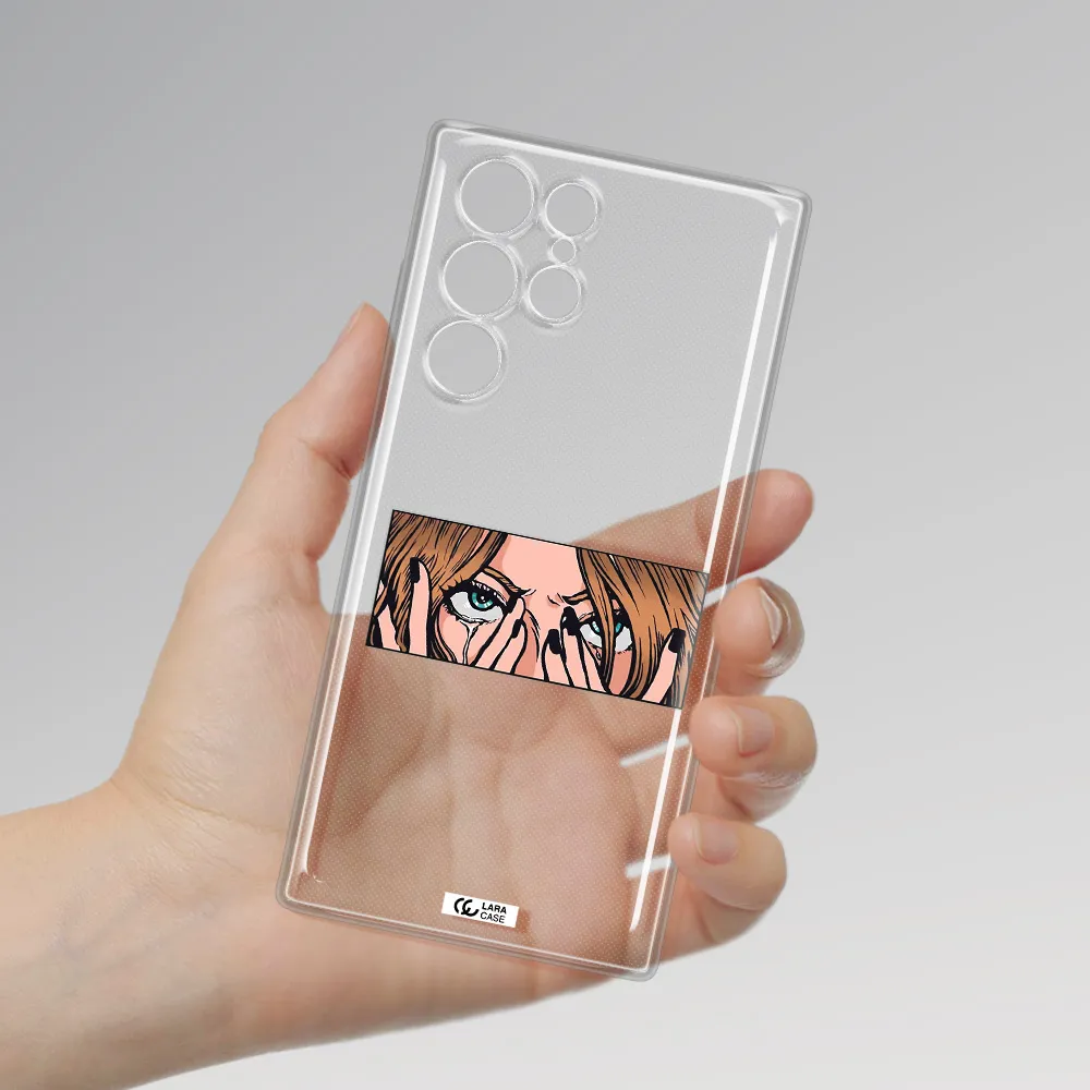 a cartoon of a woman holding her eyes Samsung S 22 Ultra Clear TPU Case