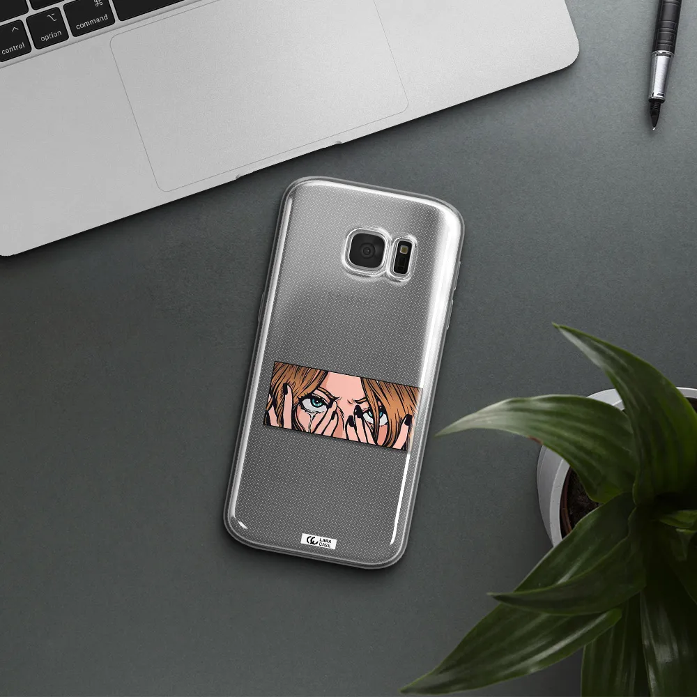 a cartoon of a woman holding her eyes Samsung S 7 Clear TPU Case